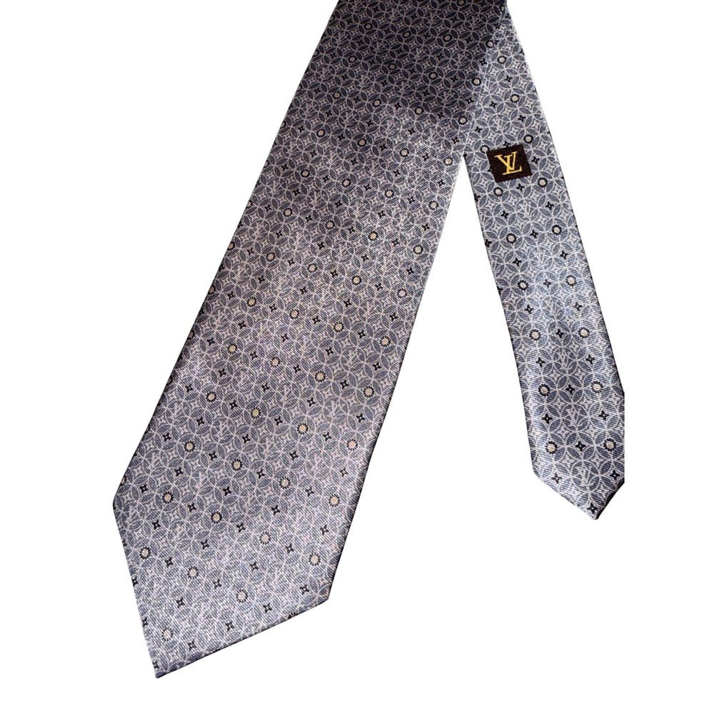 Louis Vuitton Mens Silk Tie Grey/Silver Geometric Monogram Made in Italy Necktie
